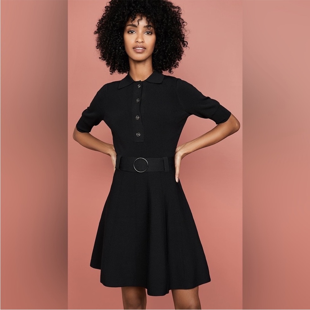 Shoshanna edgemont black knit collared short sleeve belted A - line dress size S